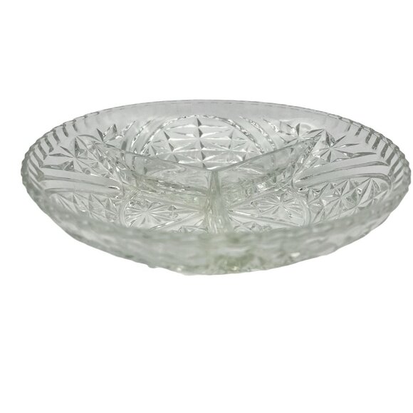Vintage Clear Cut Glass Divided Serving Dish With Starburst Pattern - Picture 2 of 4